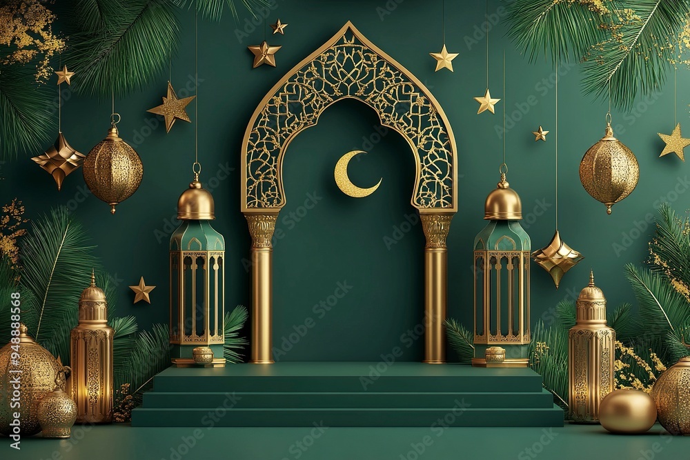 Ramadan Kareem design on green Islamic background with gold ornament star, moon, lanterns and podium. generative ai Ramadan Kareem design on green Islamic background with gold ornament star, moon, lanterns and podium. generative ai