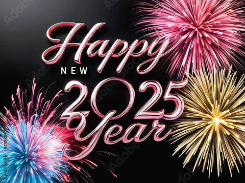 Happy new 2025 year, text on black background with fireworks, colourful festive template, card, poster design concept, celebration	