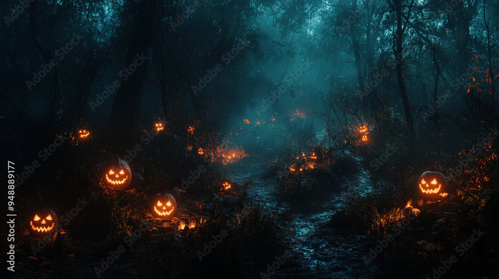 Halloween Dark Enchanted Forest with Glowing Jack-o'-Lantern Trail
Halloween Dark Enchanted Forest with Glowing Jack-o'-Lantern Trail