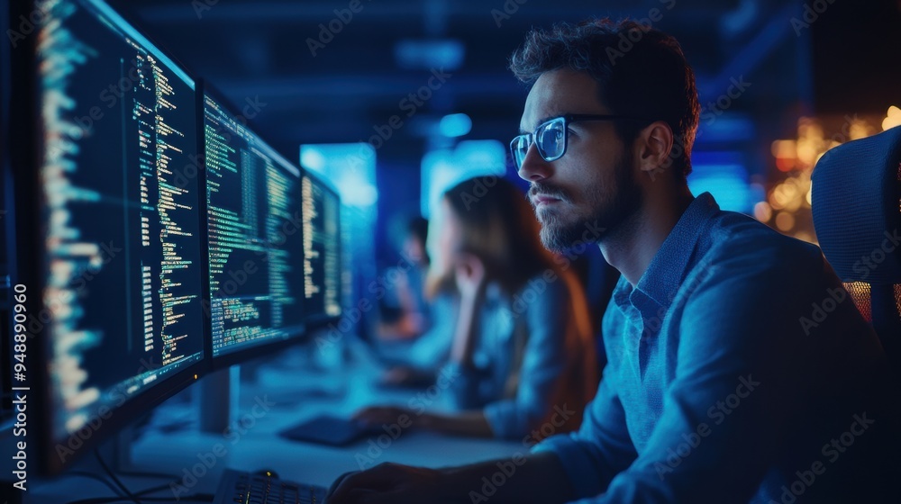 Fototapeta premium A man sitting at a computer screen with his eyes closed, AI