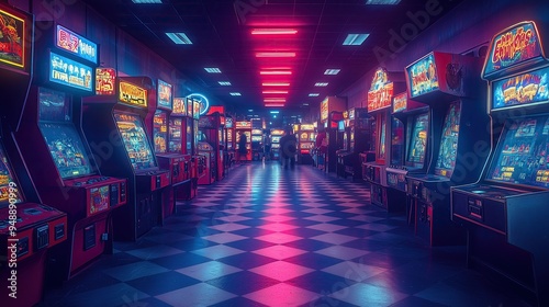 Retro arcade with rows of vintage gaming machines in a neon-lit room with checkerboard floor