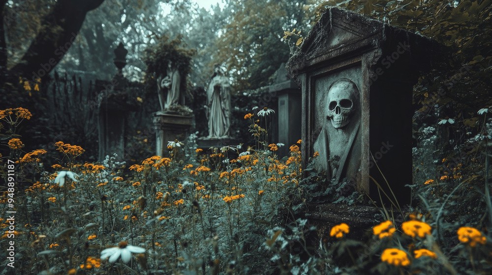 Obraz premium Spooky Halloween Garden with Haunted Statues and Ghostly Flowers 