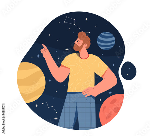Man learning astronomy. Young guy studying space and cosmos. Researching of astrology. Person with different galaxies in universe. Flat vector illustration isolated on white background