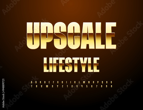 Vector premium sign Upscale Lifestyle. Elite Gold Font. Luxury Alphabet Letters and Numbers set.