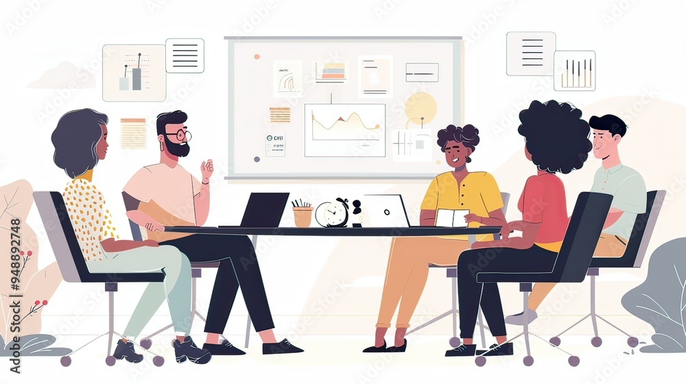 A diverse team of white-collar workers having a discussion around a round table, with a projector displaying a presentation. A diverse team of white-collar workers having a discussion around a round table, with a projector displaying a presentation.