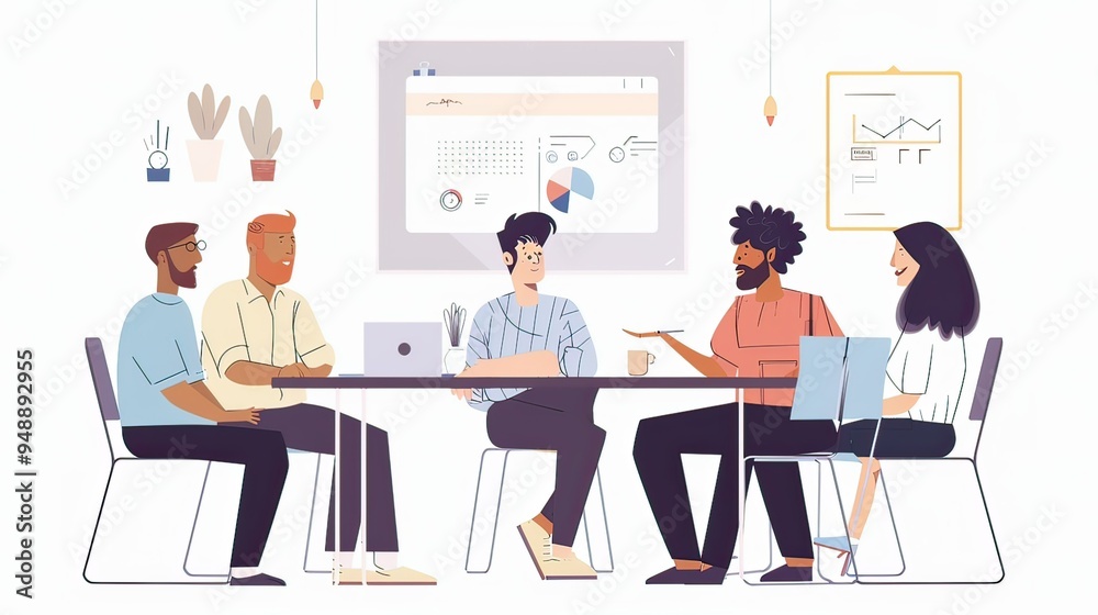 A diverse team of white-collar workers having a discussion around a round table, with a projector displaying a presentation. A diverse team of white-collar workers having a discussion around a round table, with a projector displaying a presentation.