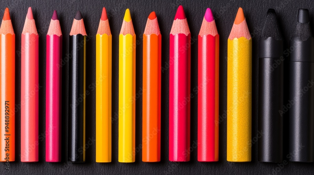 Naklejka premium A diverse array of vibrant office and school supplies meticulously arranged on a dark textured surface highlighting creativity organization and productivity