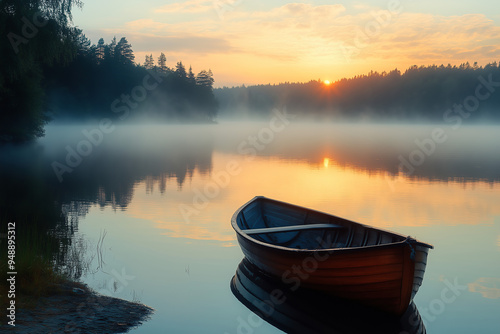 An abandoned boat in a misty lake at dawn