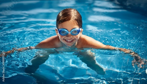 A kid, child wearing a water goggles in the swimming pool