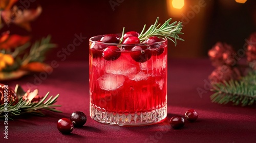 A glass of cranberry punch garnished with rosemary and cranberries, placed on a dark burgundy background with autumnal accents