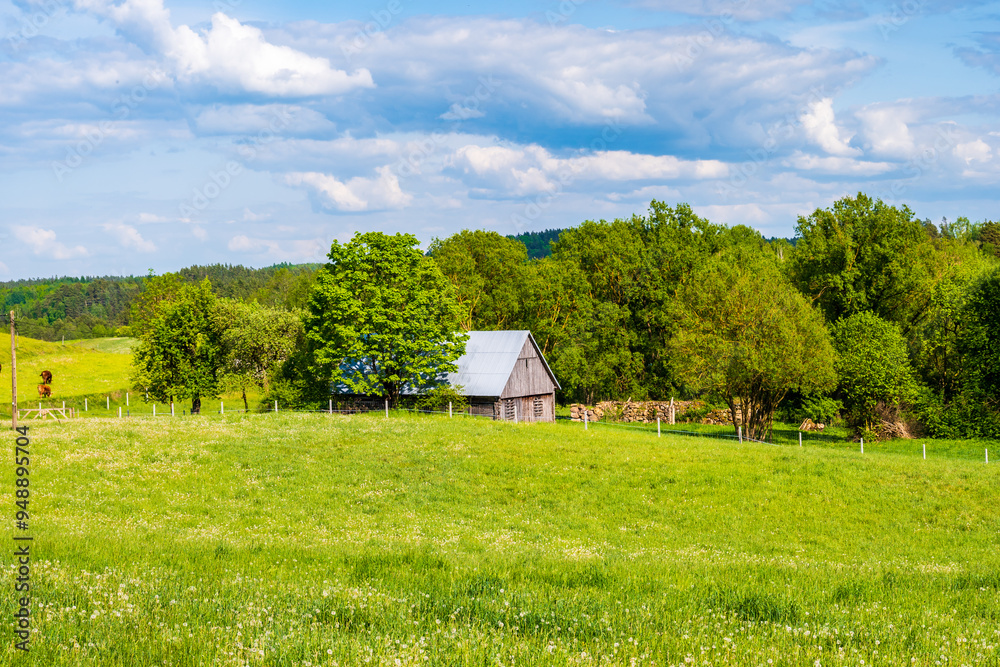 Wooden rustic house on green meadow on sunny day, Suwalski Landscape Park, Podlasie, Poland Wooden rustic house on green meadow on sunny day, Suwalski Landscape Park, Podlasie, Poland