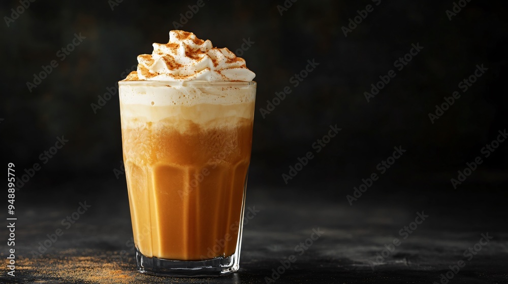 A glass of hot pumpkin spice latte topped with whipped cream and a sprinkle of nutmeg, on a deep black background with subtle orange highlights A glass of hot pumpkin spice latte topped with whipped cream and a sprinkle of nutmeg, on a deep black background with subtle orange highlights
