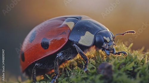   A detailed image of a crimson and ebony beetle perched on a verdant, moss-covered surface, illuminated by the sun's rays from behind photo