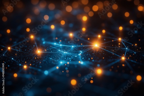 Abstract glowing network of orange and blue light nodes and connections, symbolizing data exchange, digital communication, and futuristic technology in a connected world