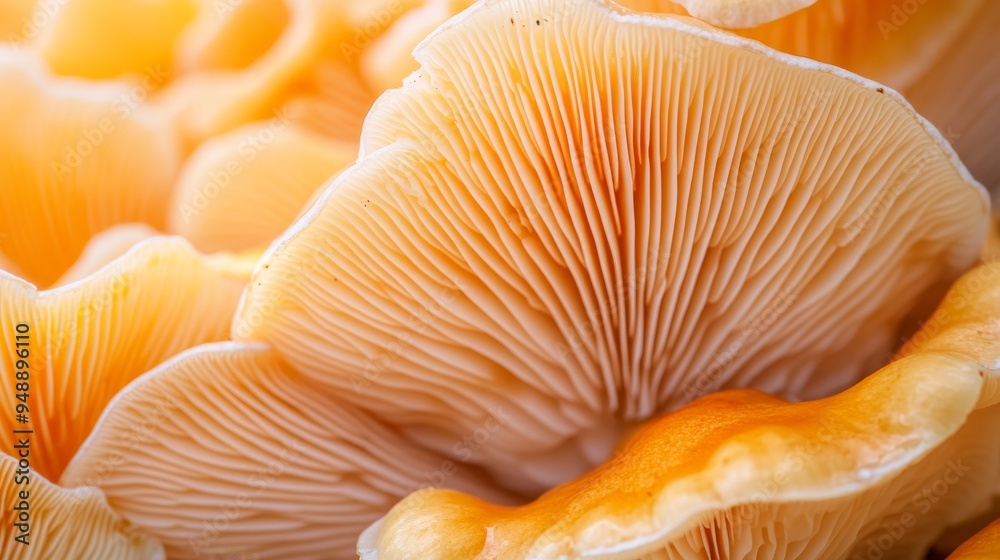 A macro shot of a sajor-caju mushroom, emphasizing its delicate gills and smooth texture. The abstract background blends soft colors, enhancing the organic details and natural beauty of the mushroom.