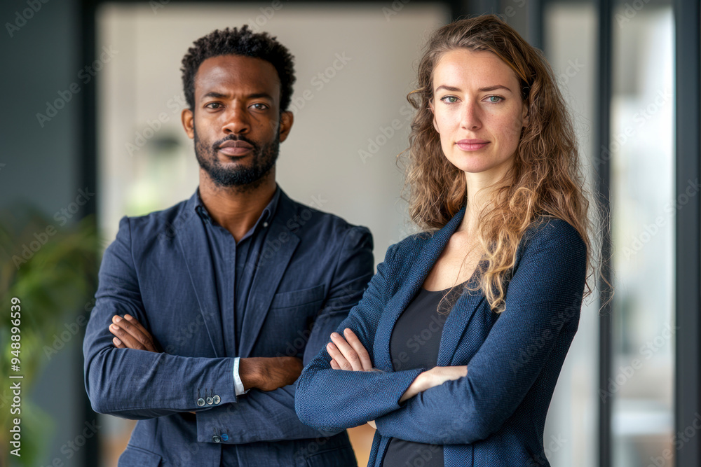 Two diverse business partners, employees or executives team standing in office arms crossed.