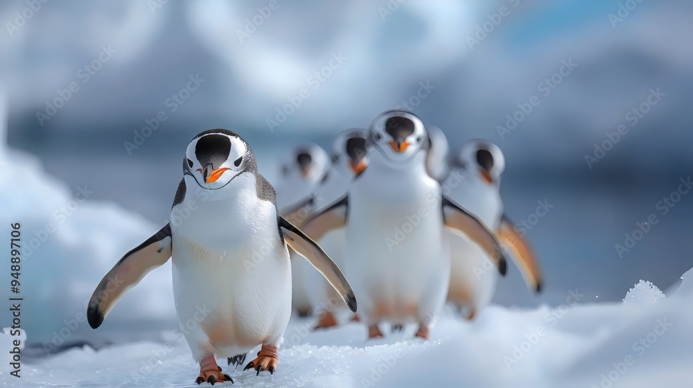 Fototapeta premium A group of penguins are walking on a snowy surface