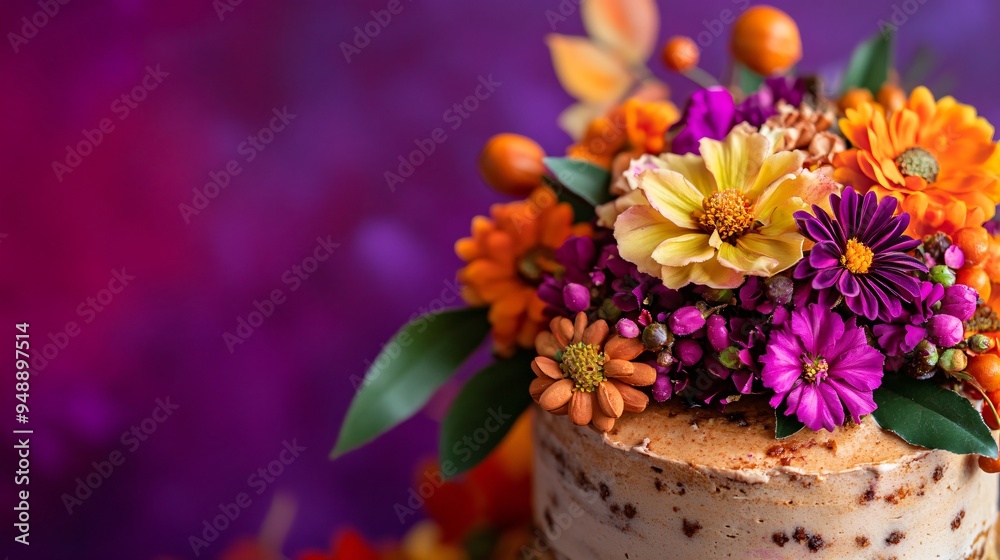 A spiced chai cake decorated with edible fall flowers, set against a deep purple background with subtle autumn motifs A spiced chai cake decorated with edible fall flowers, set against a deep purple background with subtle autumn motifs
