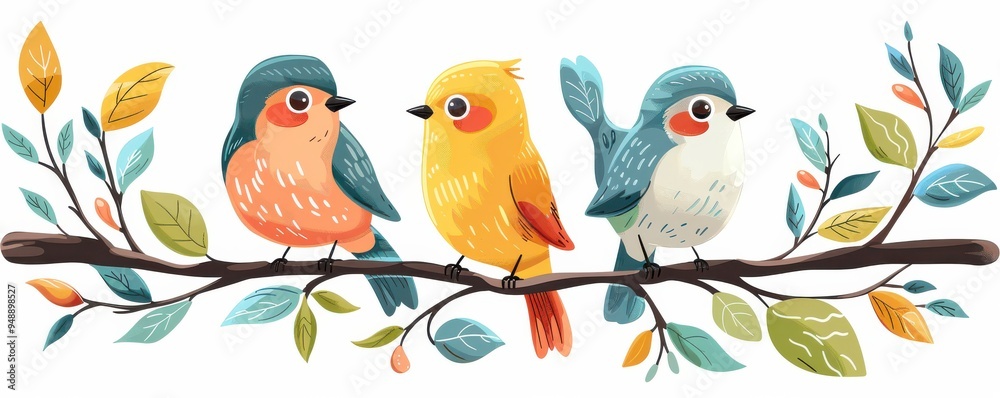 Four vibrant, cartoon-style birds perched on a branch, showcasing diverse colors and expressions. Four vibrant, cartoon-style birds perched on a branch, showcasing diverse colors and expressions.