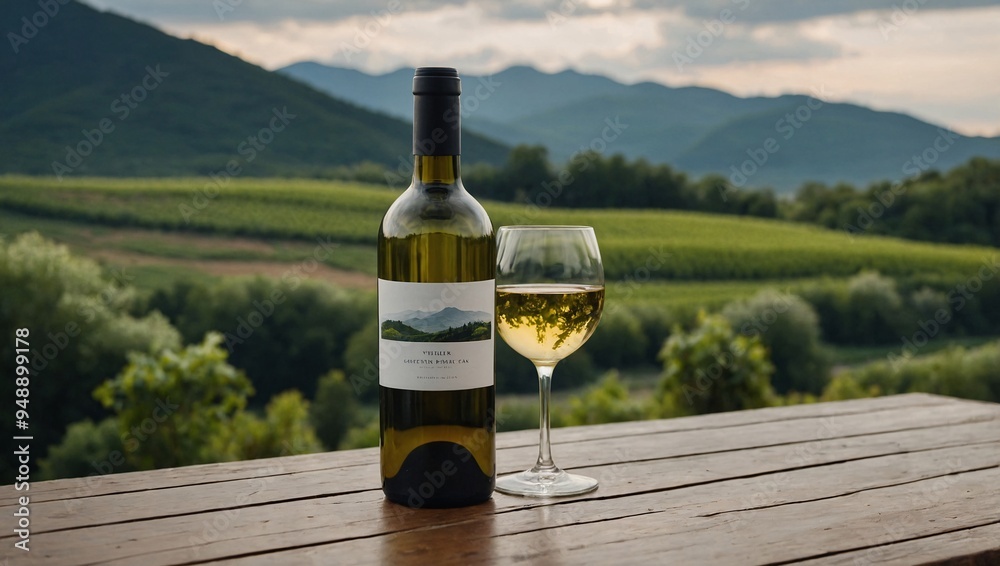 A bottle of white wine set on a table with green mountain scenery. A bottle of white wine set on a table with green mountain scenery.