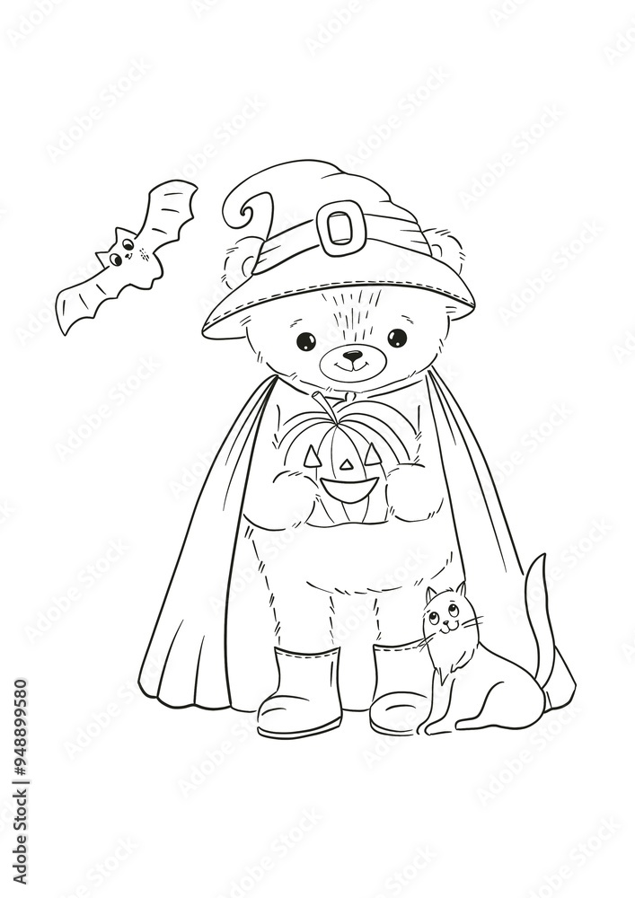 Teddy bear with pumpkin and cat.Halloween Coloring Book, Coloring page. For kids; children. Autumn, forest animal. Baby Coloring activities.Toy, game, printable Teddy bear with pumpkin and cat.Halloween Coloring Book, Coloring page. For kids; children. Autumn, forest animal. Baby Coloring activities.Toy, game, printable