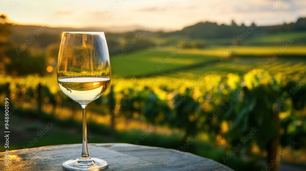 Glass of White Wine in a Vineyard at Sunset