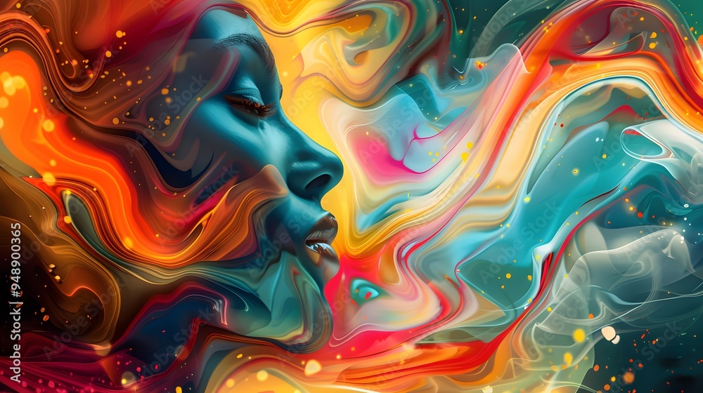Abstract Portrait of a Woman with Liquid Swirls and Colorful Patterns