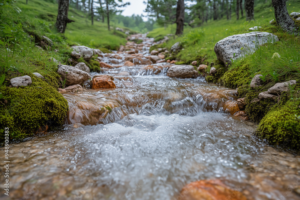 A stream with clear water over rocky terrain in a forest A stream with clear water over rocky terrain in a forest