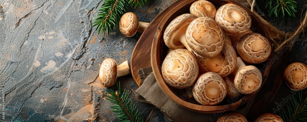 Fresh, organic mushrooms in a rustic wooden bowl with evergreen branches, perfect for natural cooking. Free copy space for text. Fresh, organic mushrooms in a rustic wooden bowl with evergreen branches, perfect for natural cooking. Free copy space for text.
