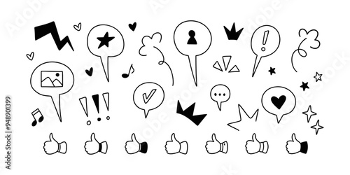 Cute line doodle social media like icons. Handwriting speech bubbles, text boxes, like, feedback, follow, subscribe illustrations. Kid, children party, birthday, anniversary invitation design elements