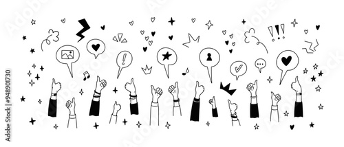 Cute line doodle thumb up hands design elements. Birthday party, school, music festival, celebration, event design illustration. Kid childish crayon scribble. Handwriting glitter and confetti