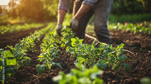 Weeding beds with agricultura plants growing in the garden. Weed control in the garden. Cultivated land close-up. Agricultural work on the plantation.generative ai