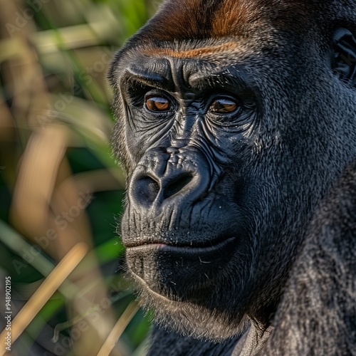 close up majestic gorilla with a powerful, detailed coat and deep, expressive eyes, softly blurred jungle background, soft, natural highing the gorilla s facial photo