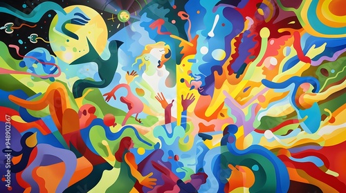 Abstract Colorful Painting of People and Birds in Flight