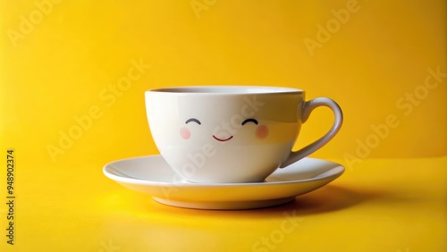 Cheerful break time with a cute smiling cup on a vibrant yellow background. Generative AI