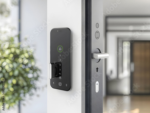 Modern smart lock system provides keyless entry, convenience, and security for homeowners or businesses. photo