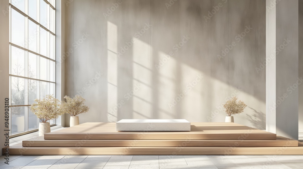 The podium is made of light wood, located in a spacious room with high windows and natural light The podium is made of light wood, located in a spacious room with high windows and natural light