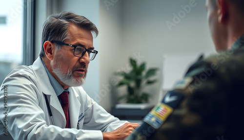 Mature psychologist working with soldier in office, closeup isolated with white highlights, png photo