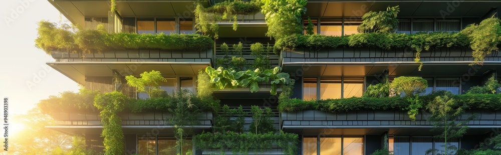 Fototapeta premium Green urban buildings, ecology, the city in plants, a vertical farm using hydroponics to grow greenery, environmental friendliness in architecture and urban energy
