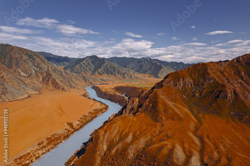 Beautiful autumn landscape Katun river and mountains, famous tourist spot in republic Altai mountains, Russia, aerial top view photo