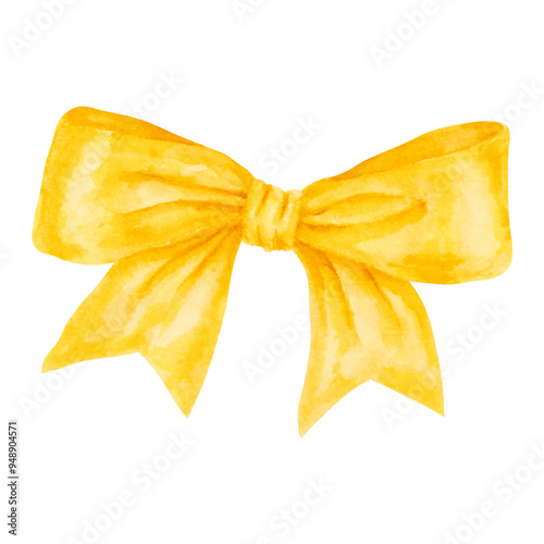 Golden bow-knot. Watercolor hand drawn cut out and isolated clip art. Christmas, gift, holiday element illustration. Painting for party prints, packing, textile, packing paper, fabric, background