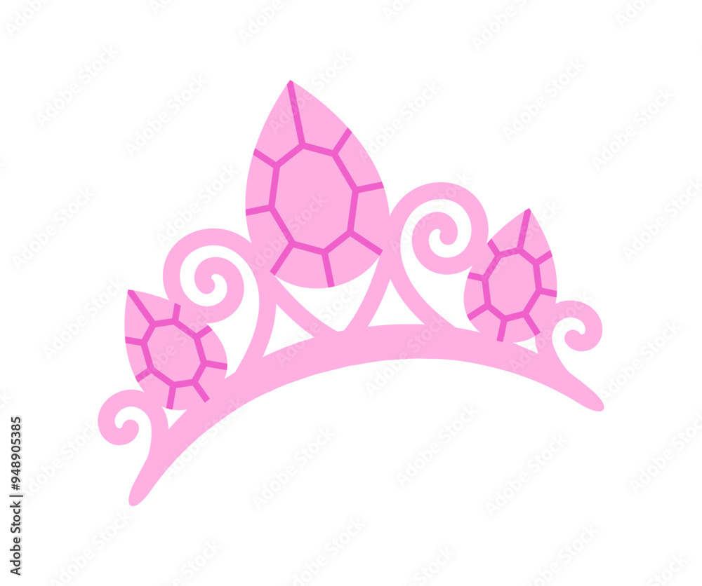 Doll crown concept. Pink jewelry and accessory. Beauty, elegance and aesthetics. Princess Diadem or Tiara. Sticker or icon. Flat vector illustration isolated on white background Doll crown concept. Pink jewelry and accessory. Beauty, elegance and aesthetics. Princess Diadem or Tiara. Sticker or icon. Flat vector illustration isolated on white background