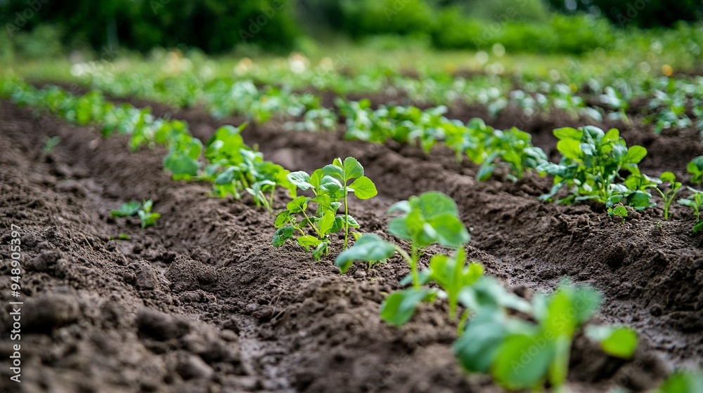 Weeding beds with agricultura plants growing in the garden. Weed control in the garden. Cultivated land close-up. Agricultural work on the plantation.generative ai Weeding beds with agricultura plants growing in the garden. Weed control in the garden. Cultivated land close-up. Agricultural work on the plantation.generative ai