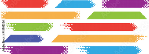 Pixel banner. Header, footer color layout with mosaic edges. Horizontal title tags with pixels. Labels pixelated decoration advertising vector elements. Rectangular dotted shapes isolated set.