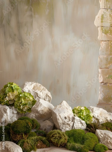 Green Moss and White Stones with  Vintage Wall Background
