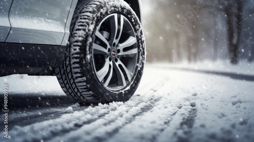 Wallpaper Mural Winter tire. Detail of car tires in winter on the road covered with snow. Neural network ai generated art Torontodigital.ca