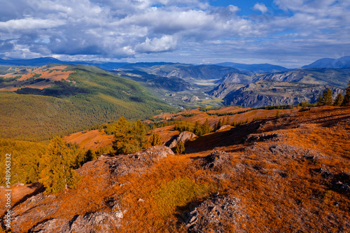 Beautiful autumn landscape with yellow trees Altai mountains Aerial photo