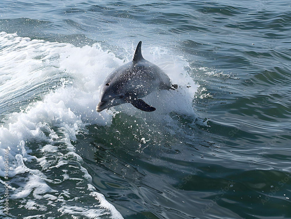 Fototapeta premium Dolphin gracefully rides ocean waves, arched high in the air, with dramatic lighting and spray.