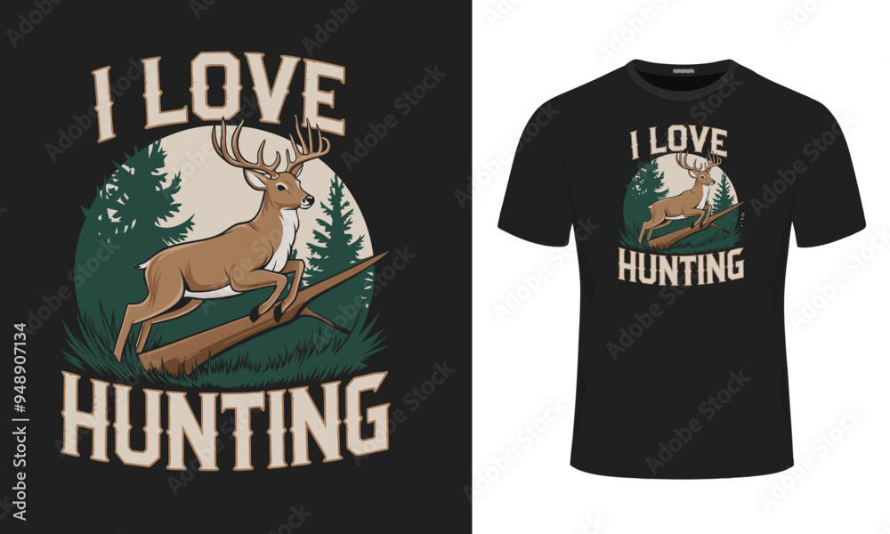 Deer Hunting T-Shirt Design, Hunter and Buck Graphic Black T-Shirt