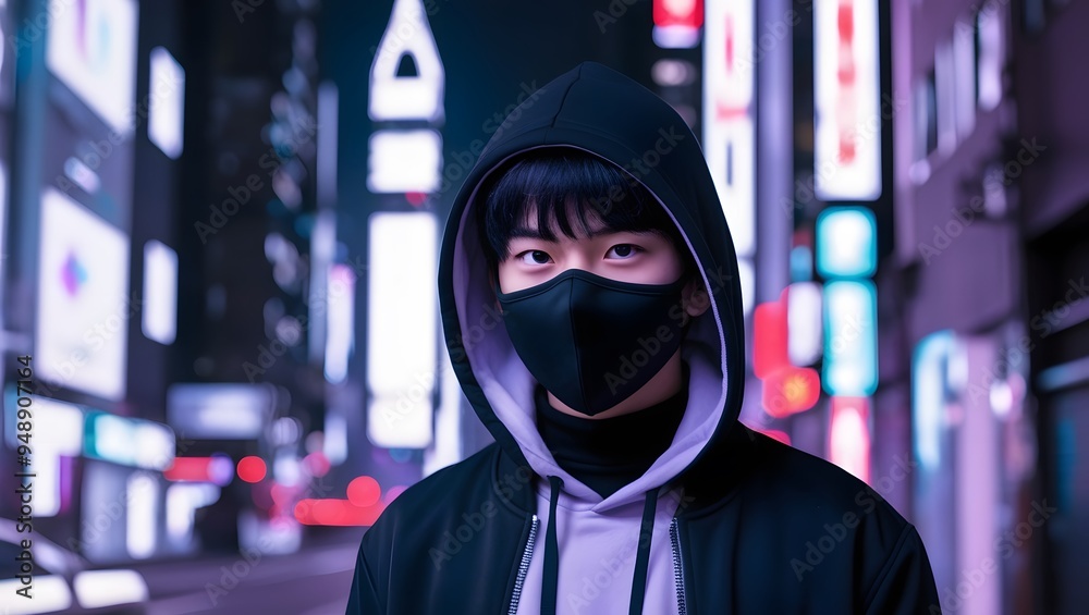 Cool guy in black hoodie and black mask in neon city. Cool guy in black hoodie and black mask in neon city.